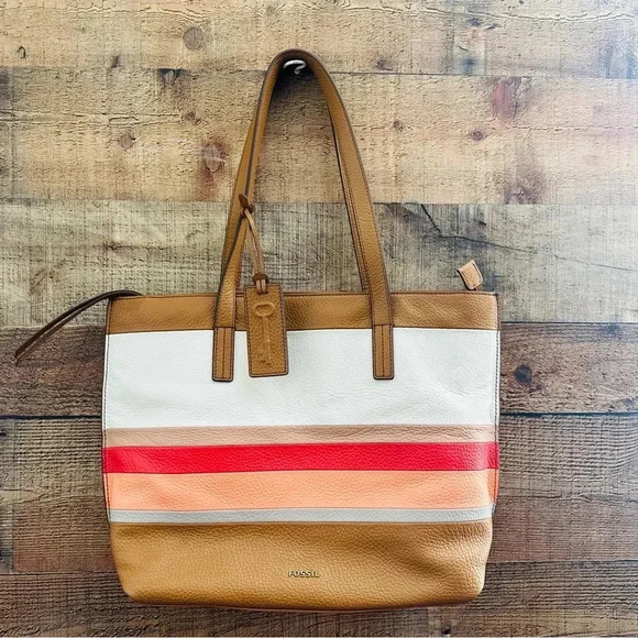 NWOT Fossil Striped Leather Tote - Picture 1 of 13